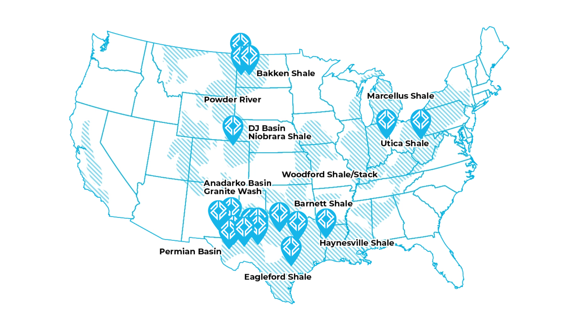 Map showing major oil and gas shale basins in the US