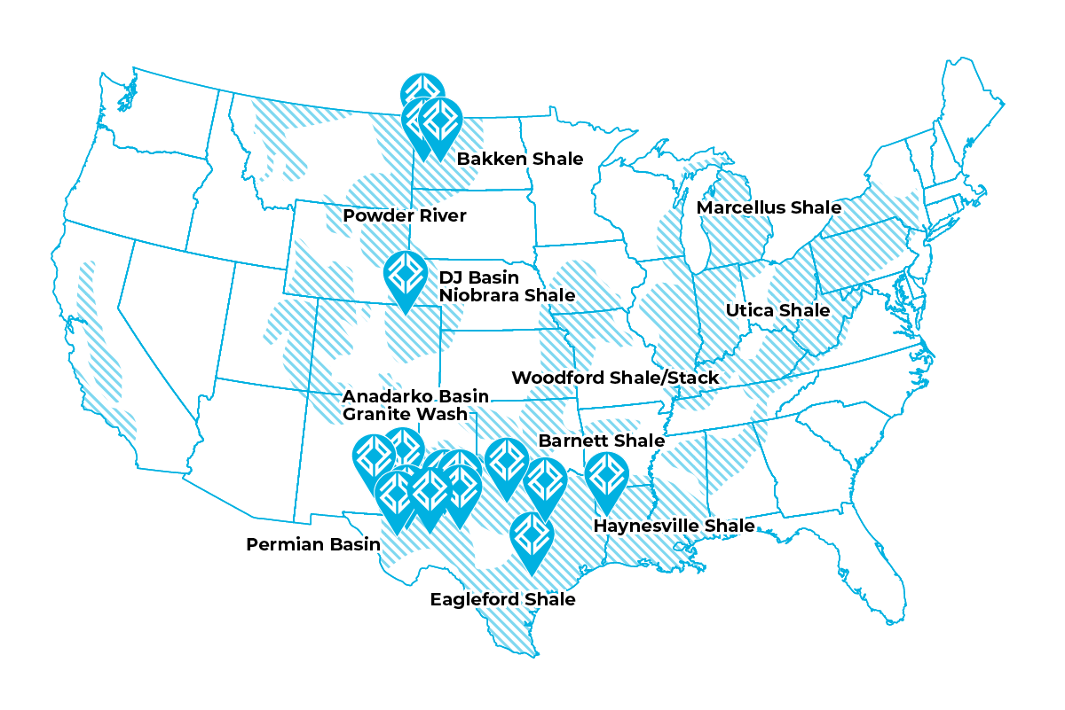Map showing major oil and gas shale basins in the US