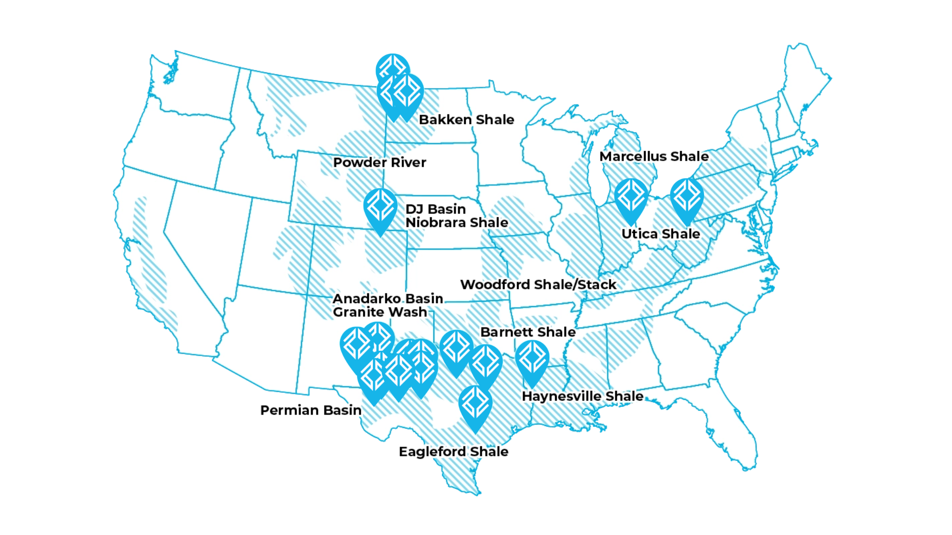 Map showing major oil and gas shale basins in the US